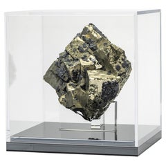 Natural Pyrite specimen with hematite inclusions mounted on custom acrylic base