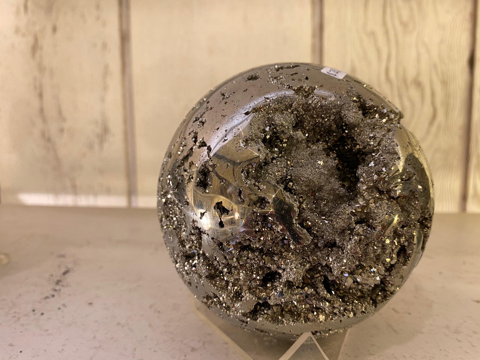 Peruvian Natural Pyrite Sphere with Iron Stand For Sale