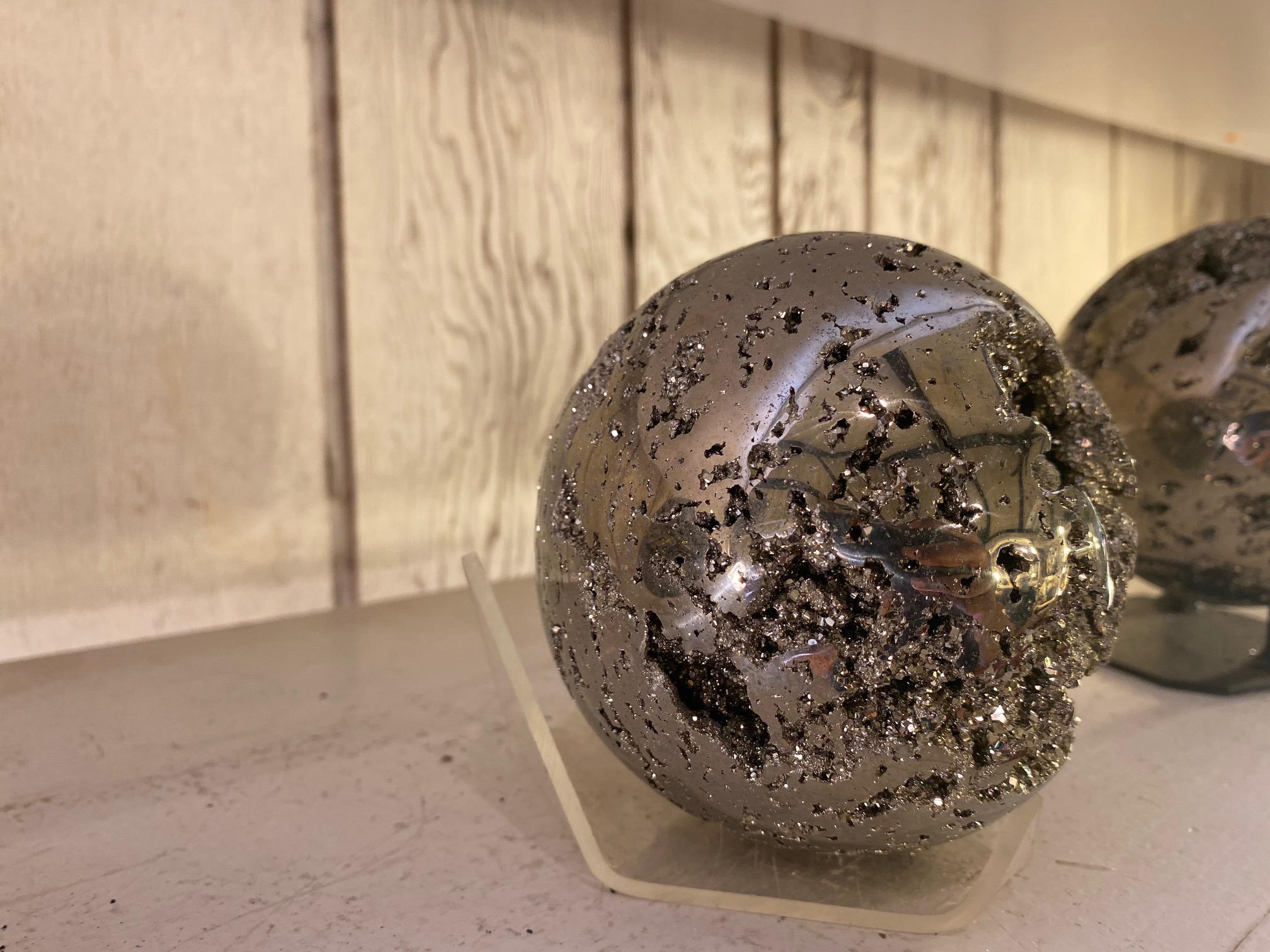 Polished Natural Pyrite Sphere with Iron Stand For Sale