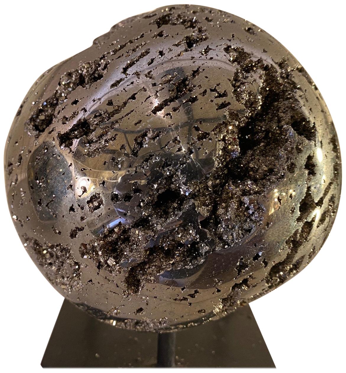 Natural Pyrite Sphere with Iron Stand For Sale