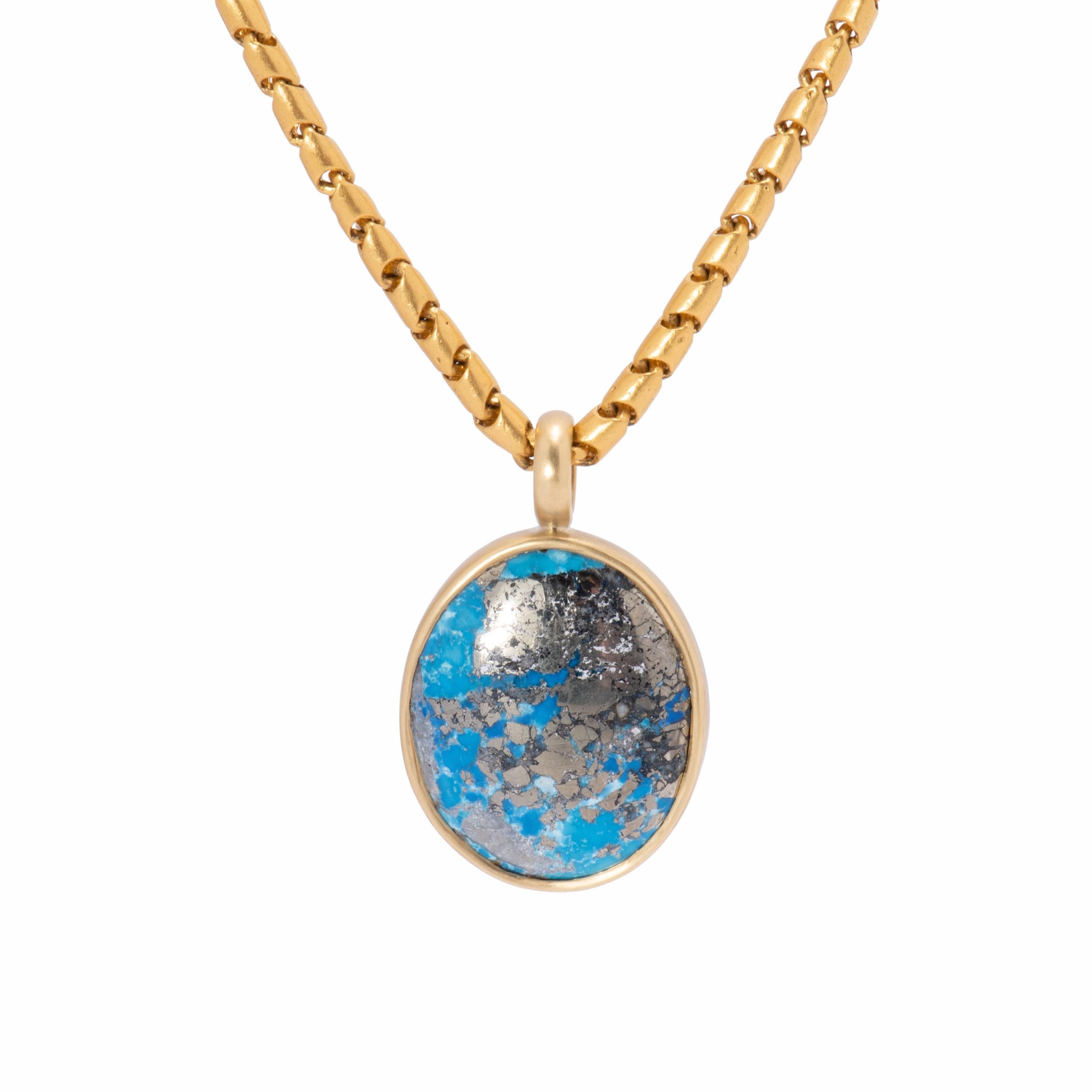 Contemporary Natural Pyrited Persian Turquoise Pendant in 18 Karat Gold For Sale