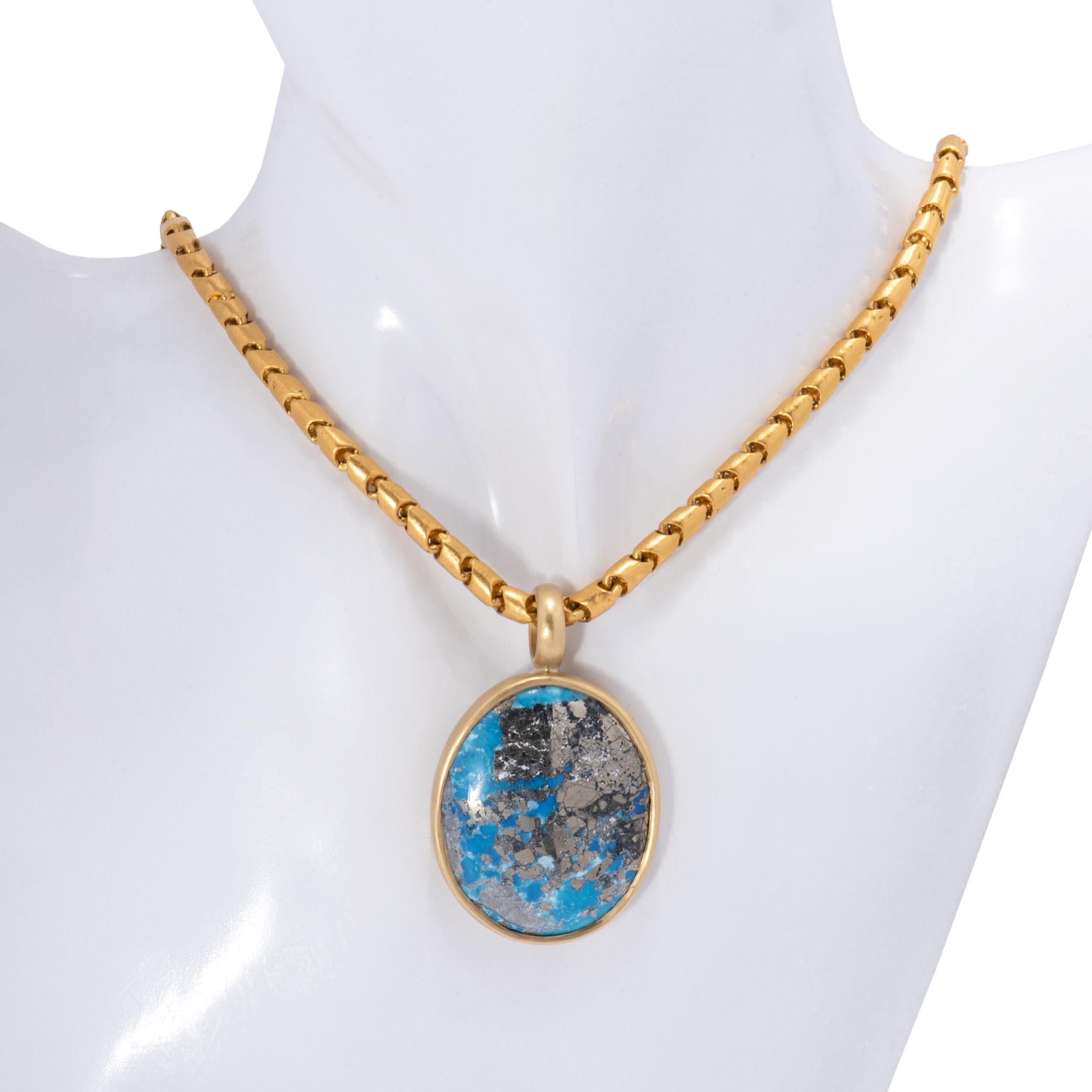 Women's Natural Pyrited Persian Turquoise Pendant in 18 Karat Gold For Sale