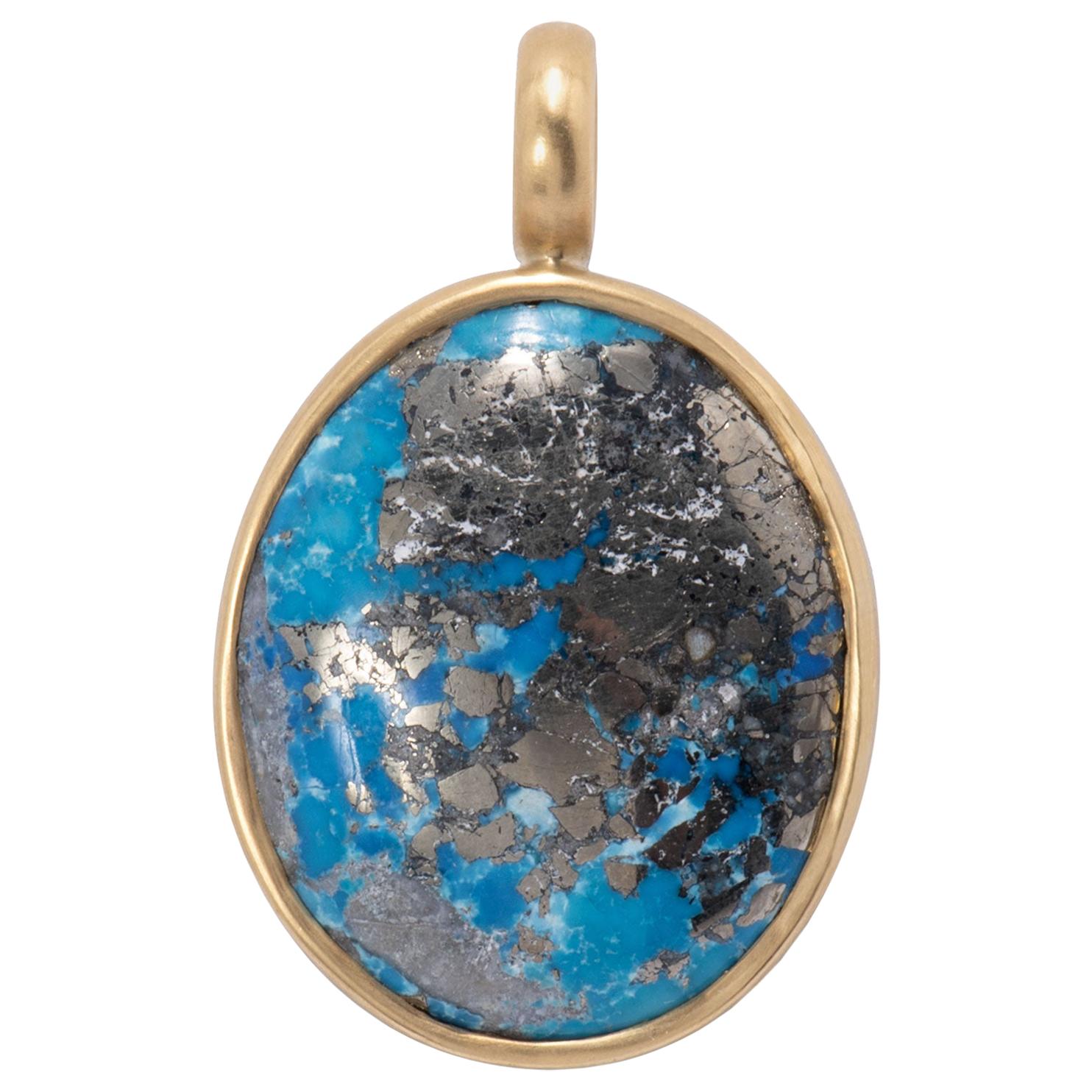 Natural Pyrited Persian Turquoise Pendant in 18 Karat Gold For Sale