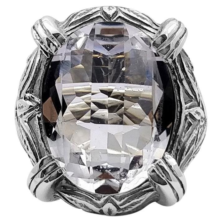 For Sale:  Natural Quartz Gemstone Ring with Engraved Sterling Silver