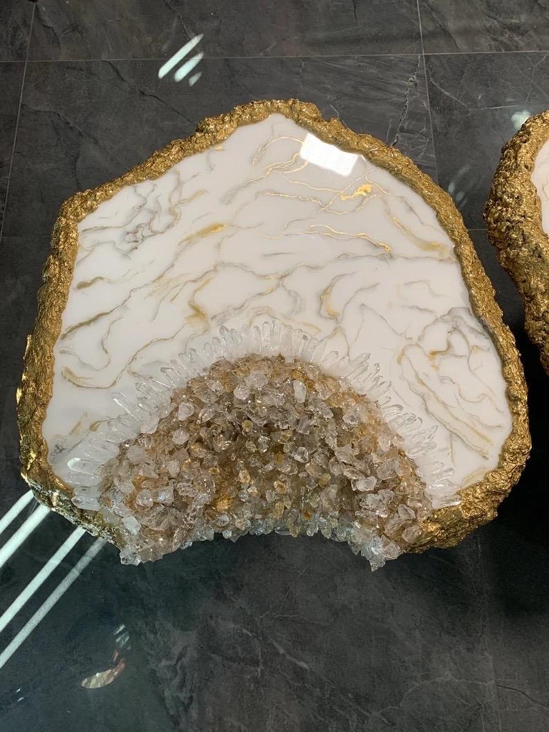 Your sanctuary isn't just a space, it's a feeling.  And that feeling comes alive with our Quartz Gold Geode Table! Imagine enjoying your morning with an authentic blend of quartz-infused resin table, accented with reflective gold glass and a marble