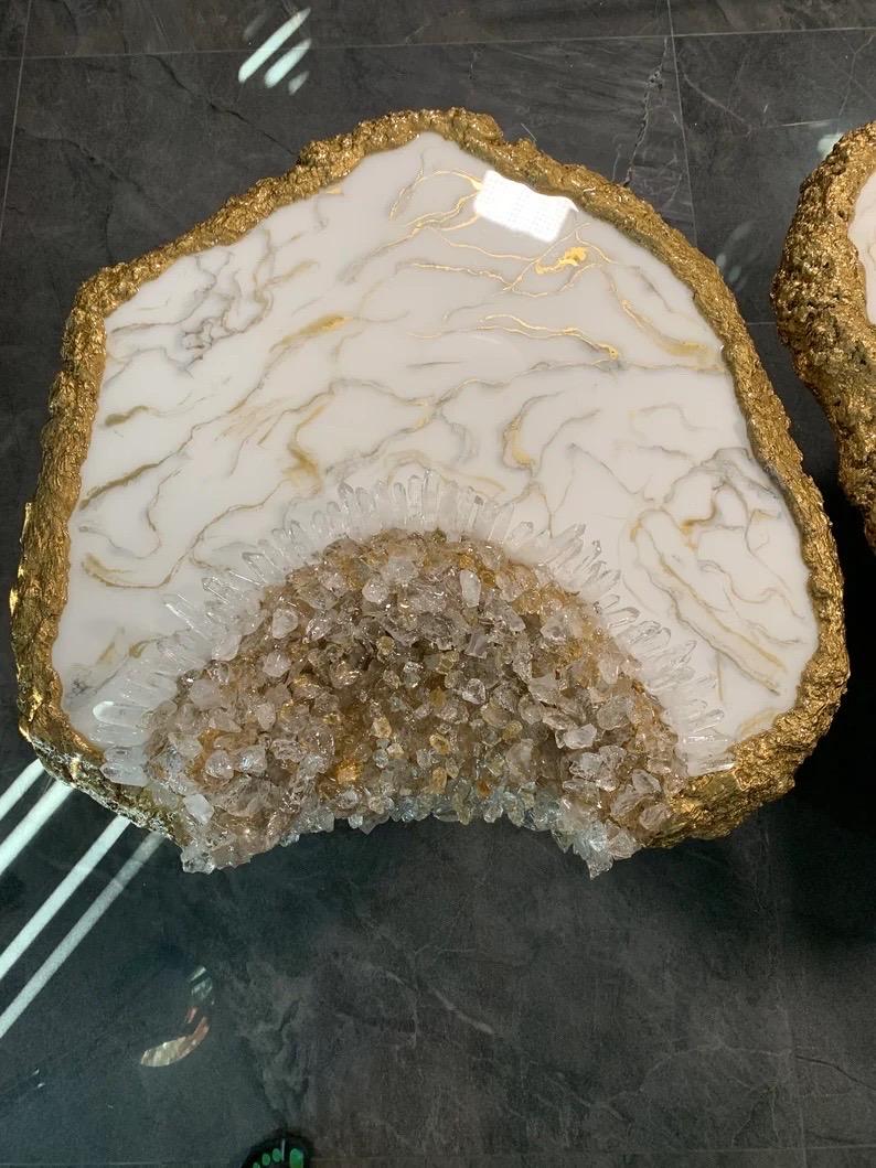 Art Deco Natural Quartz Gold Geode Table Set For Sale