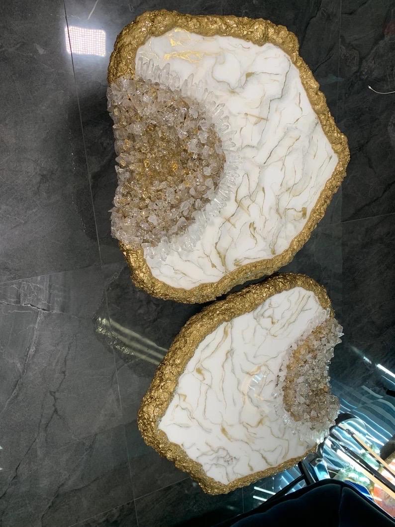 French Natural Quartz Gold Geode Table Set For Sale