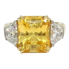 Natural Radiant Yellow Sapphire and Trapezoid Diamond Platinum 18KY Ring 8.16CT