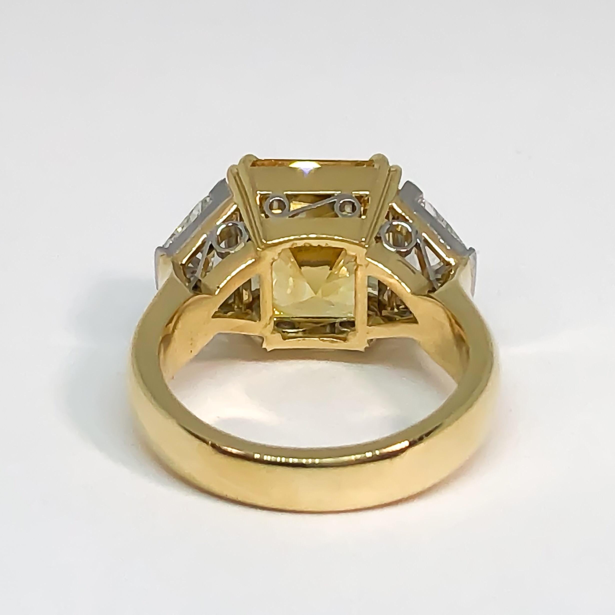 Radiant Cut Natural Radiant Yellow Sapphire and Trapezoid Diamond Platinum 18KY Ring 8.16CT For Sale