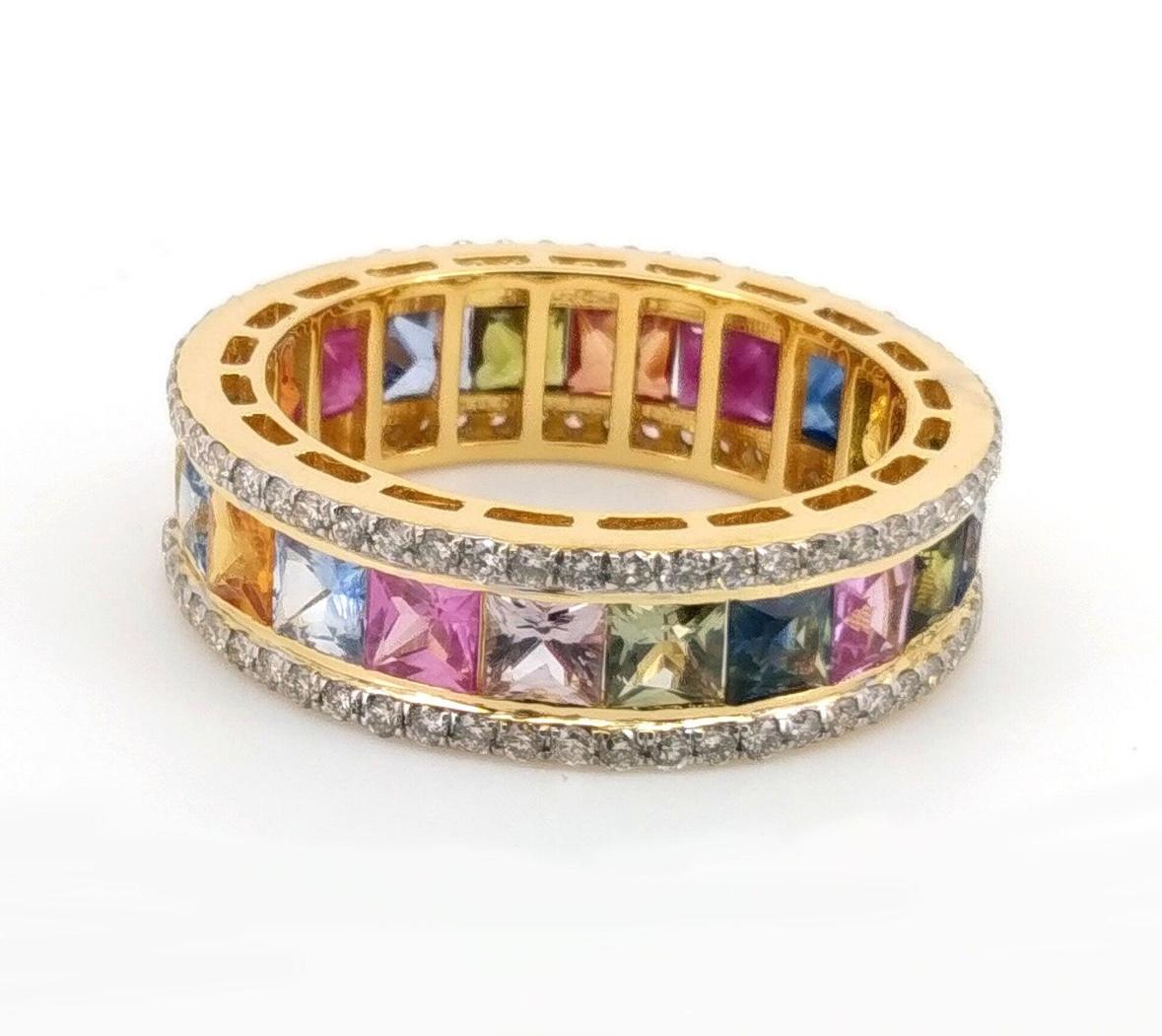 Stone : Multi Sapphire / Fine Diamond 
❋ Stone Size : 3 MM Approx.
❋ Stone Shape : Square Princess Cut 
❋ Stone Color : As Shown In Picture
❋ Stone Weight : 4.495 Cts. Approx.

❋ Diamond Weight : 0.66 Cts. Approx.
❋ Diamond Quality : HI SI
❋ Diamond
