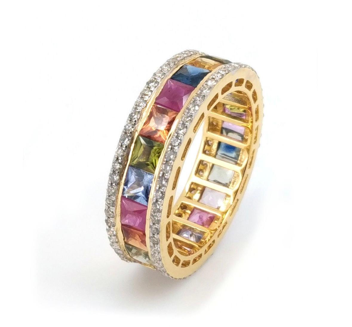 Natural 8.19 cts rainbow sapphire & 0.59 cts diamond ring in 18k gold For Sale 1
