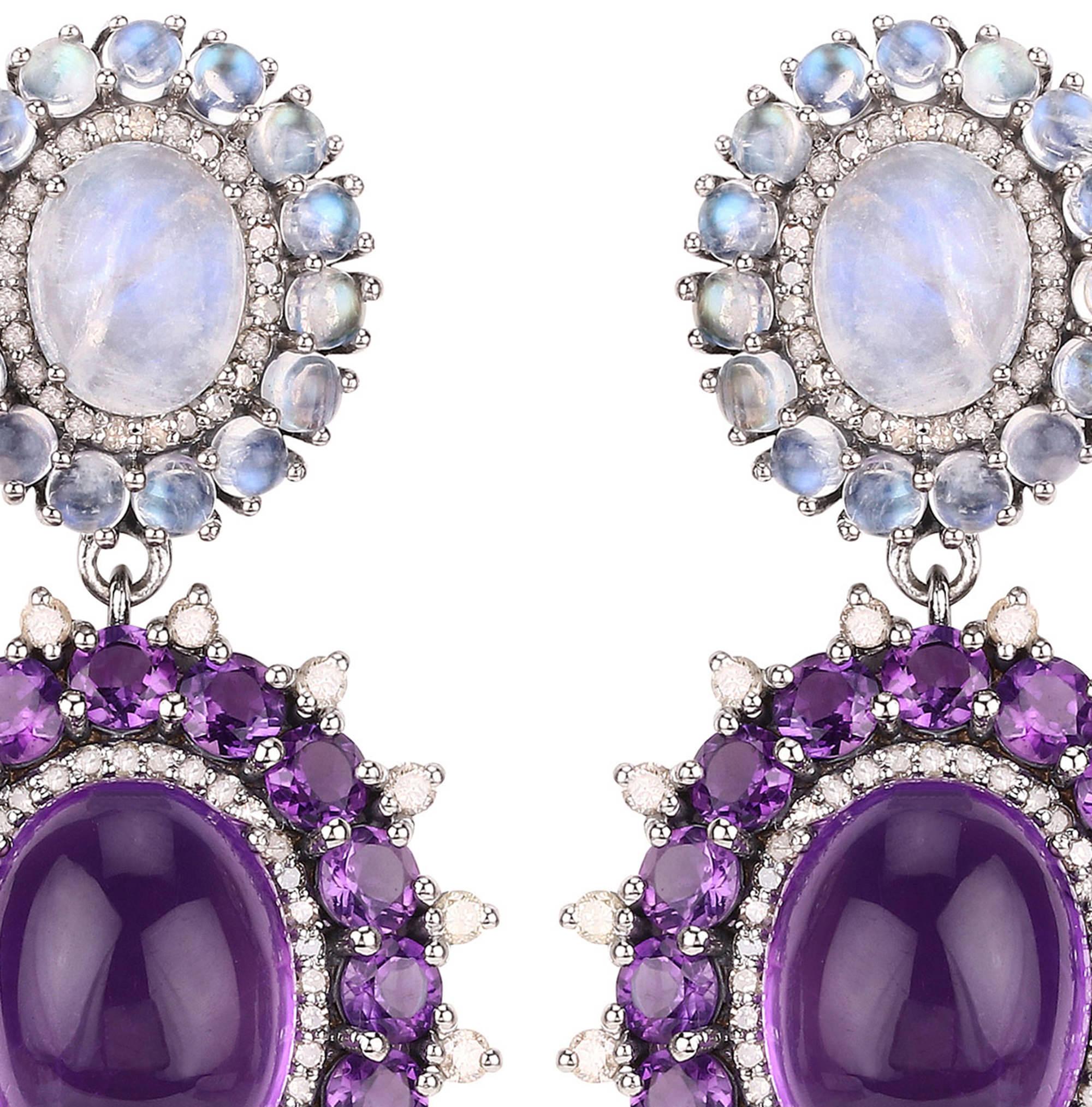 Mixed Cut Natural Rainbow Moonstone Amethyst and Diamond Earrings 40 Carats Total For Sale
