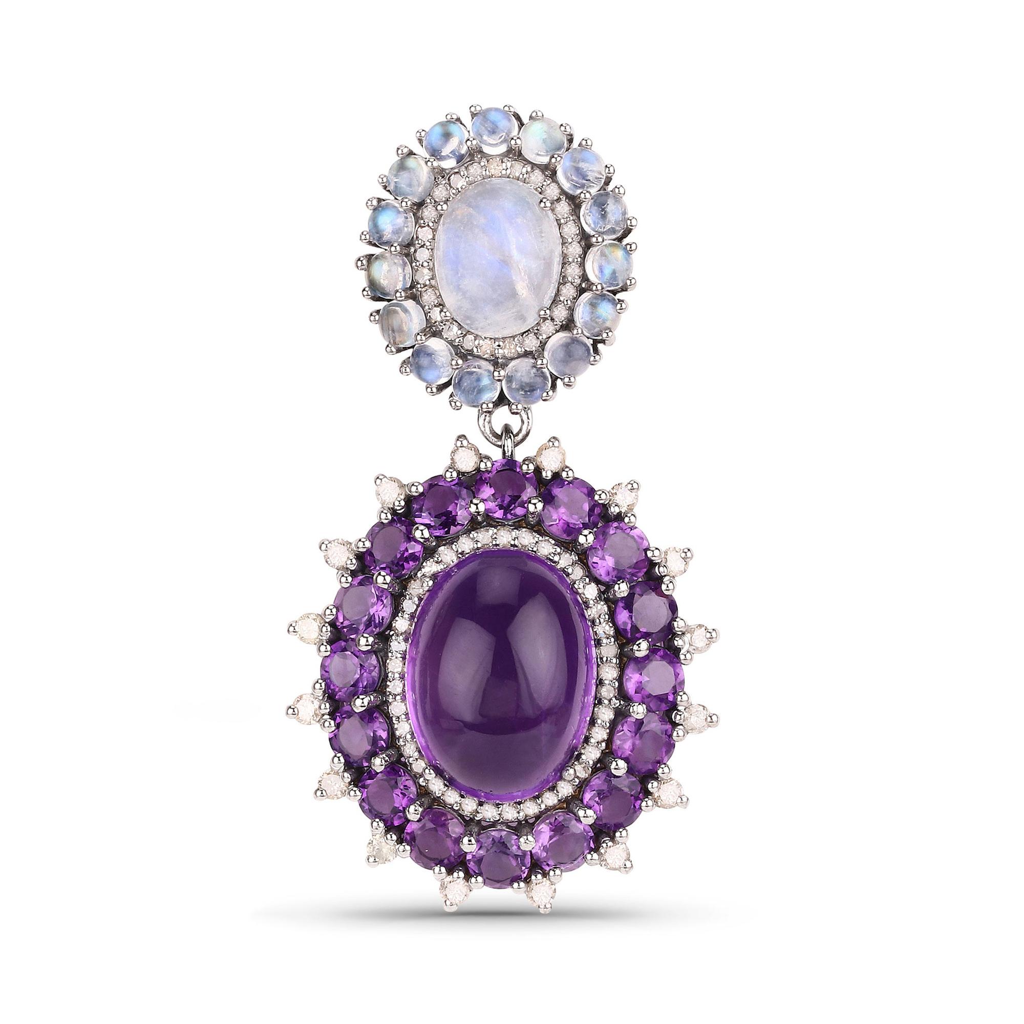 Art Nouveau Natural Rainbow Moonstone Amethyst and Diamond Earrings 40 Carats Total For Sale