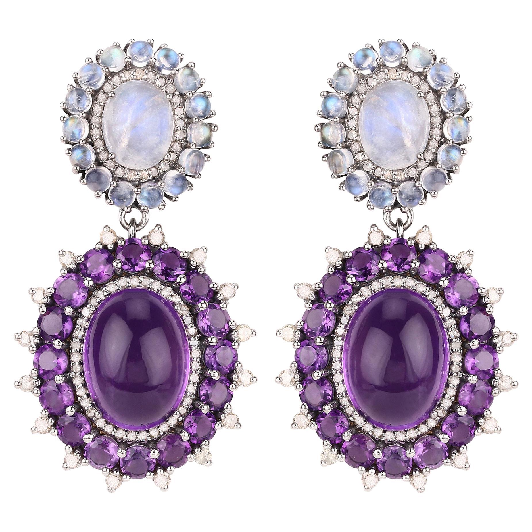 Natural Rainbow Moonstone Amethyst and Diamond Earrings 40 Carats Total For Sale