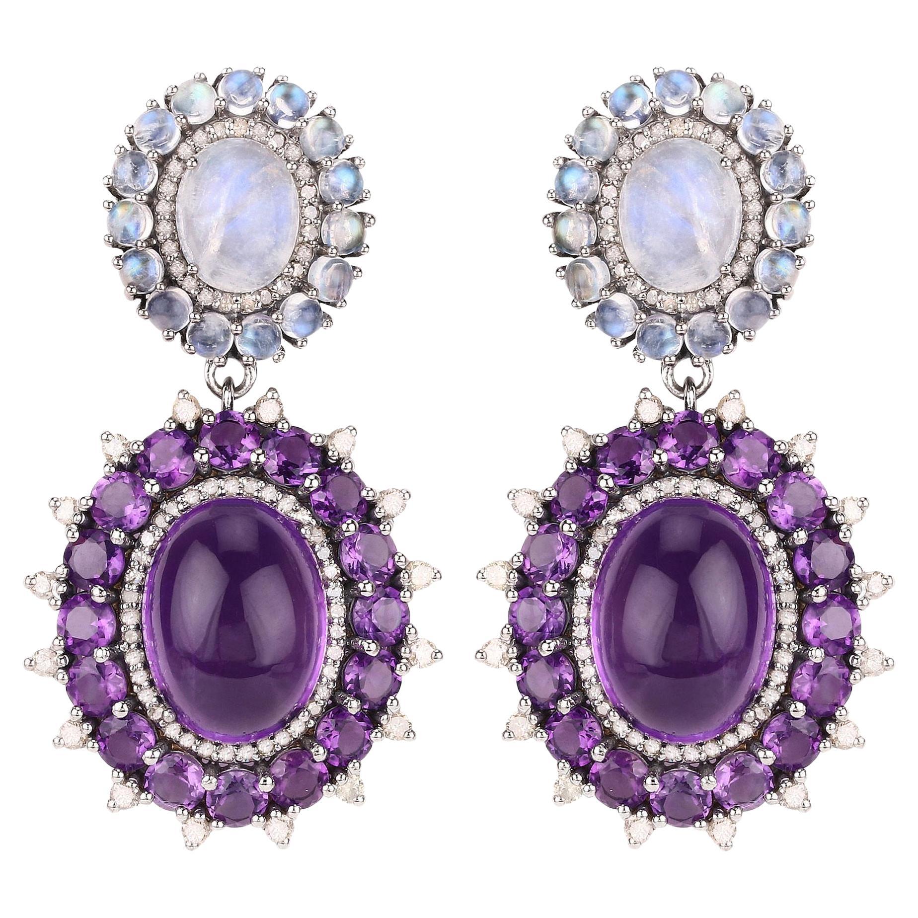 Natural Rainbow Moonstone Amethyst and Diamond Earrings 40 Carats Total For Sale