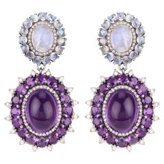 Natural Rainbow Moonstone Amethyst and Diamond Earrings 40 Carats Total