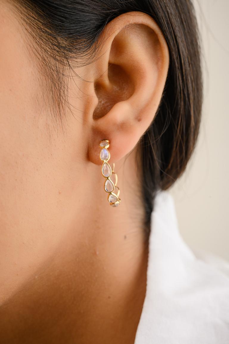 Natural Rainbow Moonstone Hoop Earrings Mounted in Solid 14k Yellow Gold for Her For Sale 4