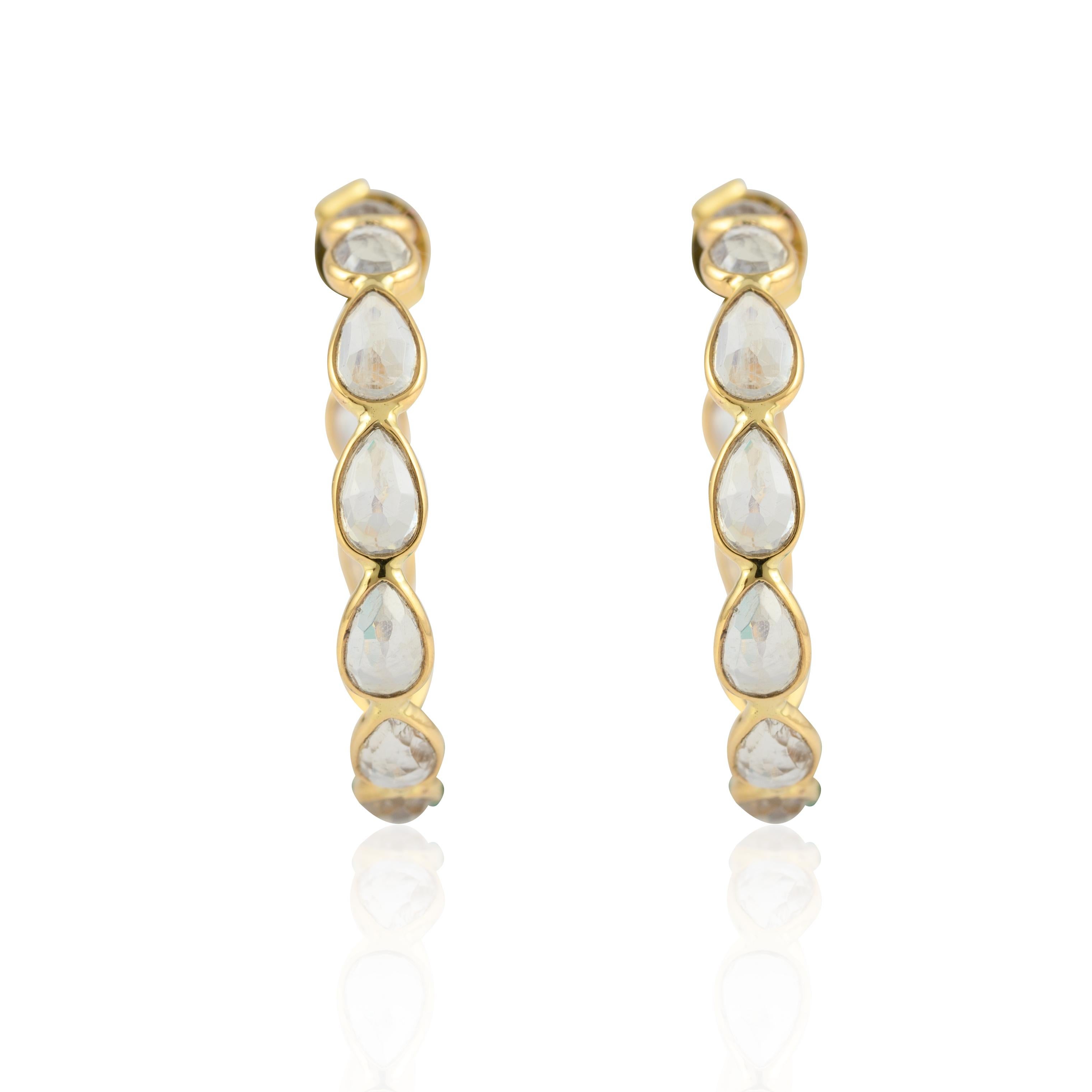 Contemporary Natural Rainbow Moonstone Hoop Earrings Mounted in Solid 14k Yellow Gold for Her For Sale