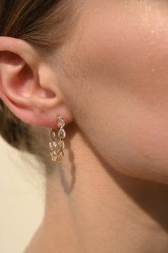 Natural Rainbow Moonstone Hoop Earrings in Solid 14k Yellow Gold for Her