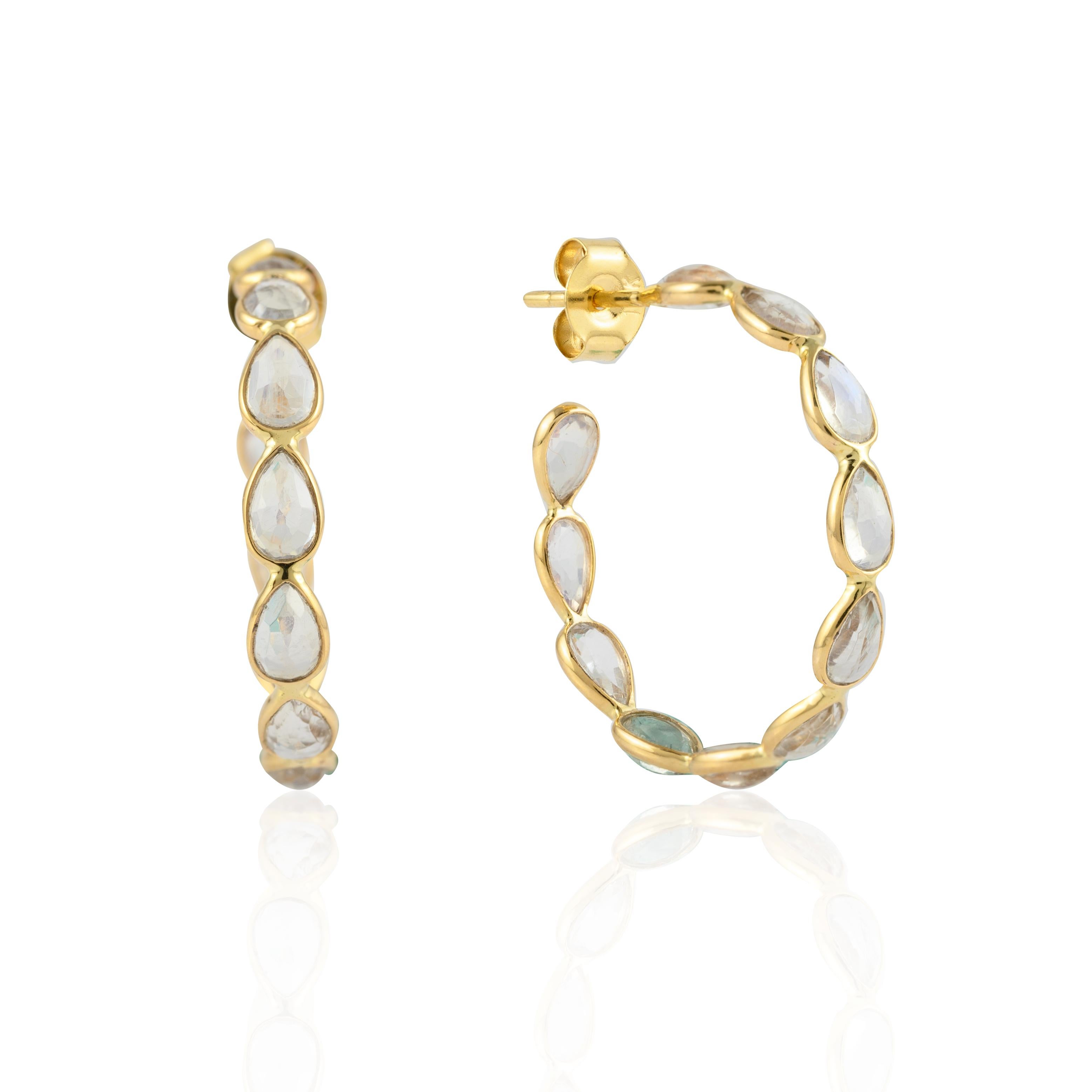 Pear Cut Natural Rainbow Moonstone Hoop Earrings Mounted in Solid 14k Yellow Gold for Her For Sale