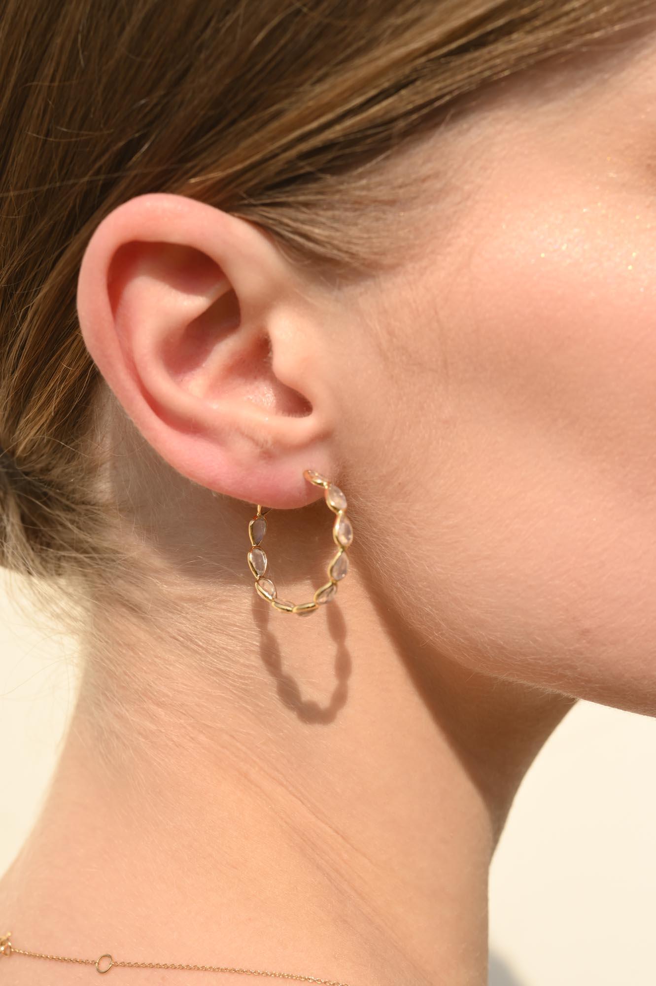 Women's Natural Rainbow Moonstone Hoop Earrings Mounted in Solid 14k Yellow Gold for Her For Sale