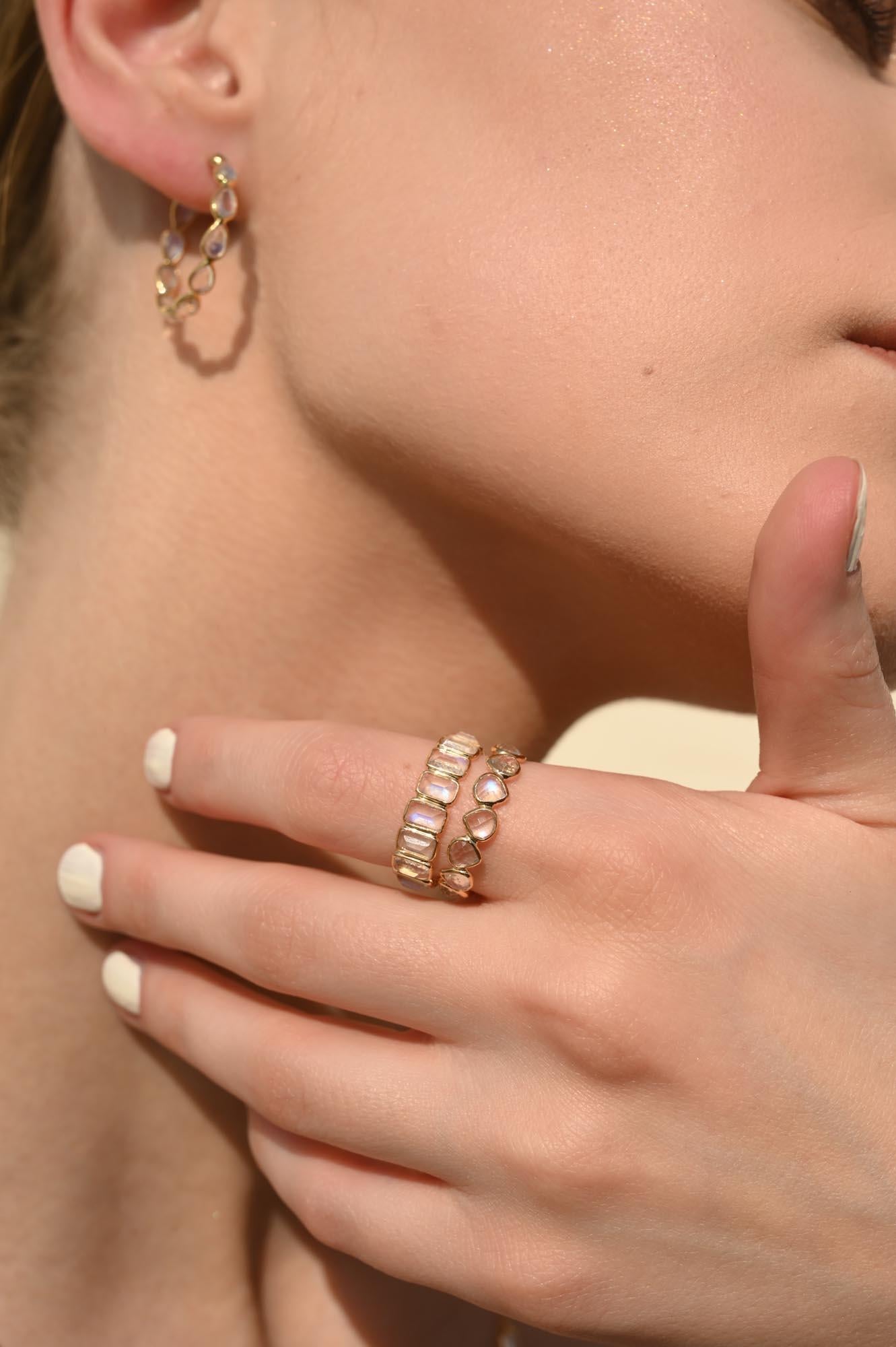 Natural Rainbow Moonstone Hoop Earrings Mounted in Solid 14k Yellow Gold for Her For Sale 2