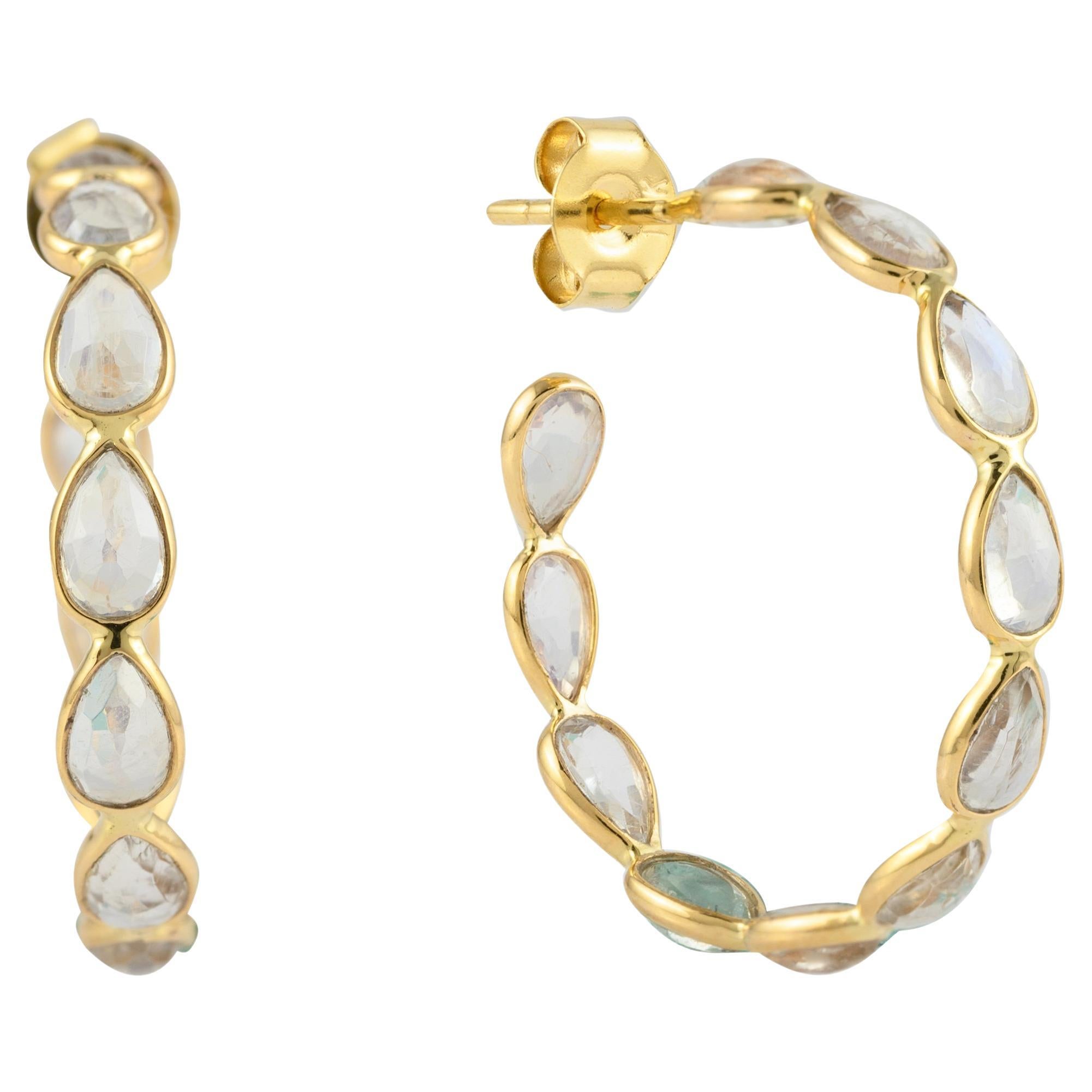 Natural Rainbow Moonstone Hoop Earrings Mounted in Solid 14k Yellow Gold for Her For Sale