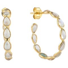 Natural Rainbow Moonstone Hoop Earrings Mounted in Solid 14k Yellow Gold for Her