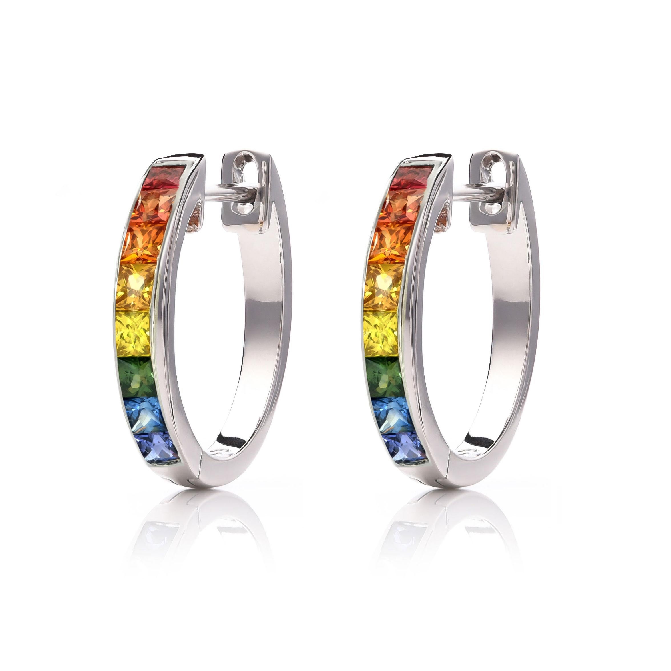 Princess Cut Natural Rainbow Multi Color Sapphire Stones 1.20 cts in 14K White Gold Earrings For Sale