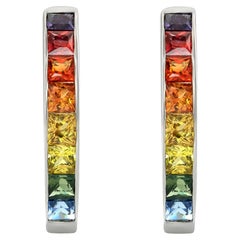 Boucles d'oreilles en or blanc 14 carats avec saphirs multicolores arc-en-ciel naturels 1,20 carat
