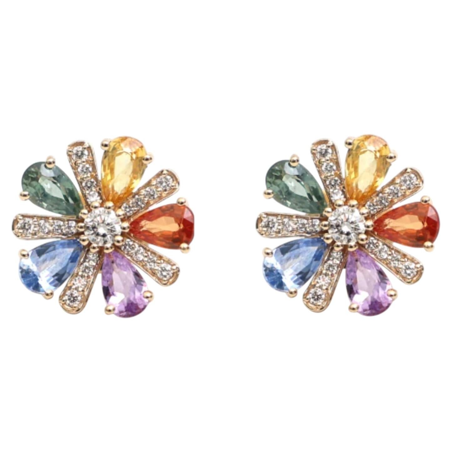 Ohrringe mit Regenbogensaphiren und Diamanten aus 14-karätigem Gelbgold, 2,56 Karat