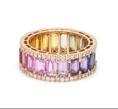 Natural 6.29cts Rainbow Sapphire & 0.62cts Diamond Band Ring in 14K Gold