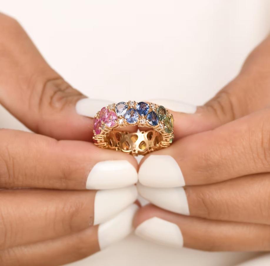 Ring mit natürlichem Regenbogen-Saphir 14K Gold (Asscher-Schliff) im Angebot