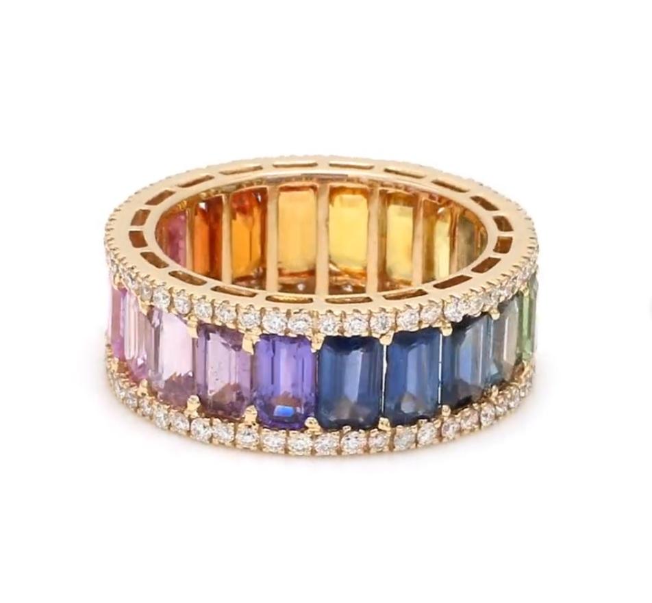 Ring mit natürlichem Regenbogen-Saphir 14K Gold (Asscher-Schliff) im Angebot
