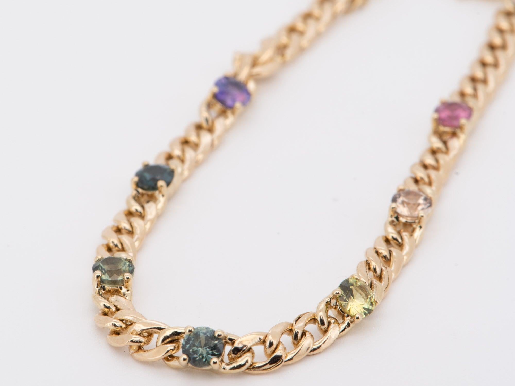 Non taillé Bracelet saphir arc-en-ciel naturel or 14K sur chaîne cubaine Miami R2103 en vente