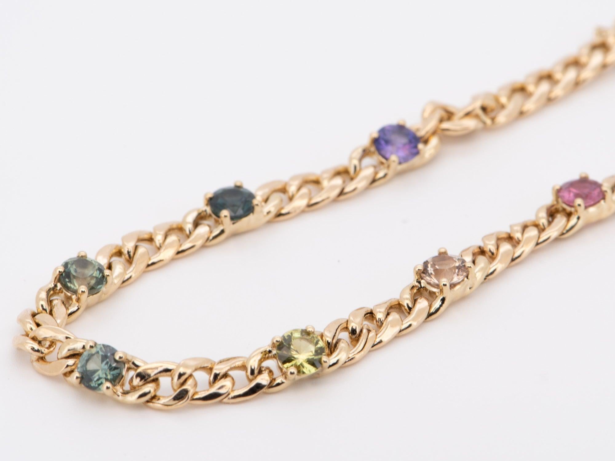 Bracelet saphir arc-en-ciel naturel or 14K sur chaîne cubaine Miami R2103 Unisexe en vente