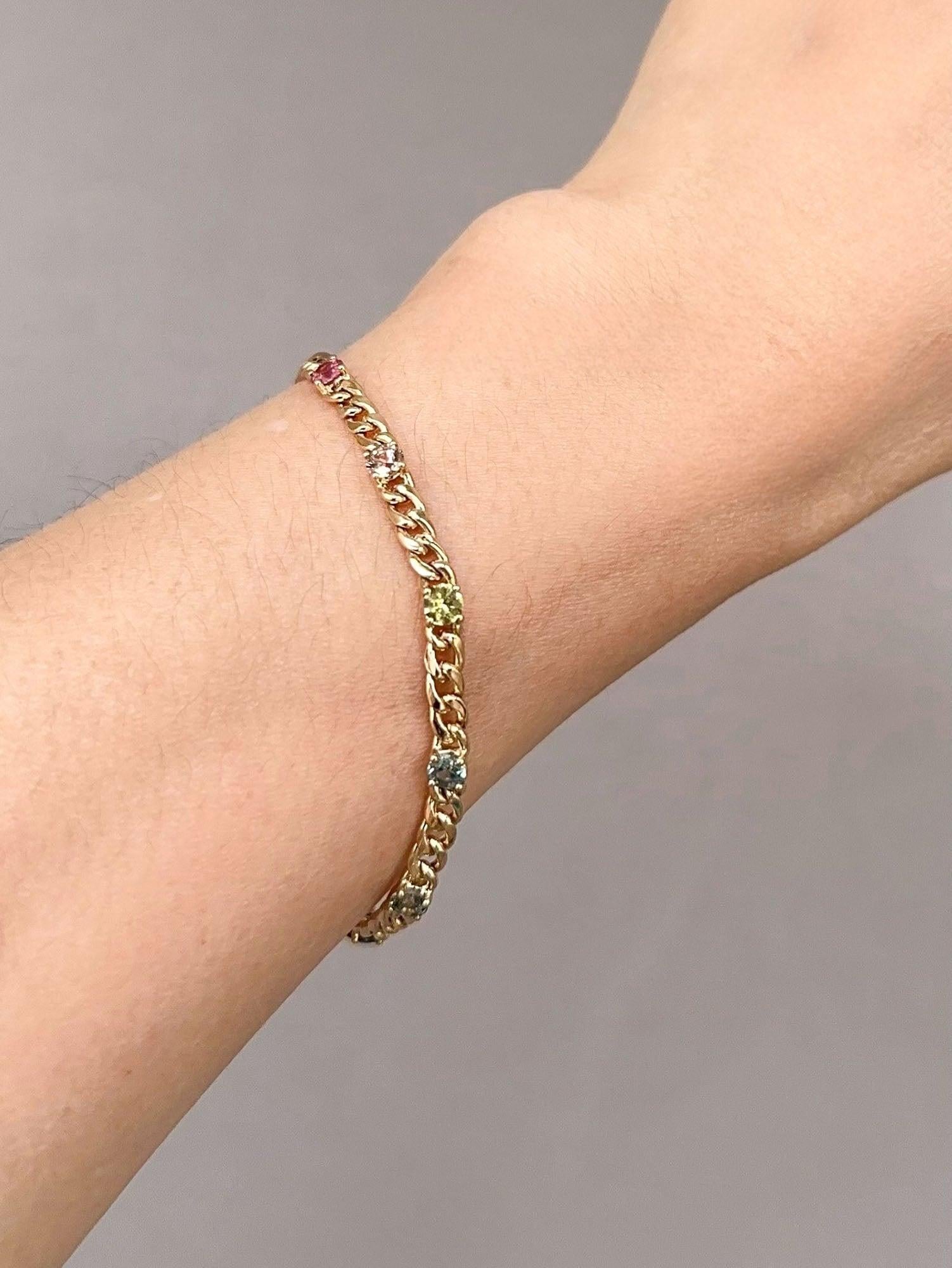 Bracelet saphir arc-en-ciel naturel or 14K sur chaîne cubaine Miami R2103 en vente 1