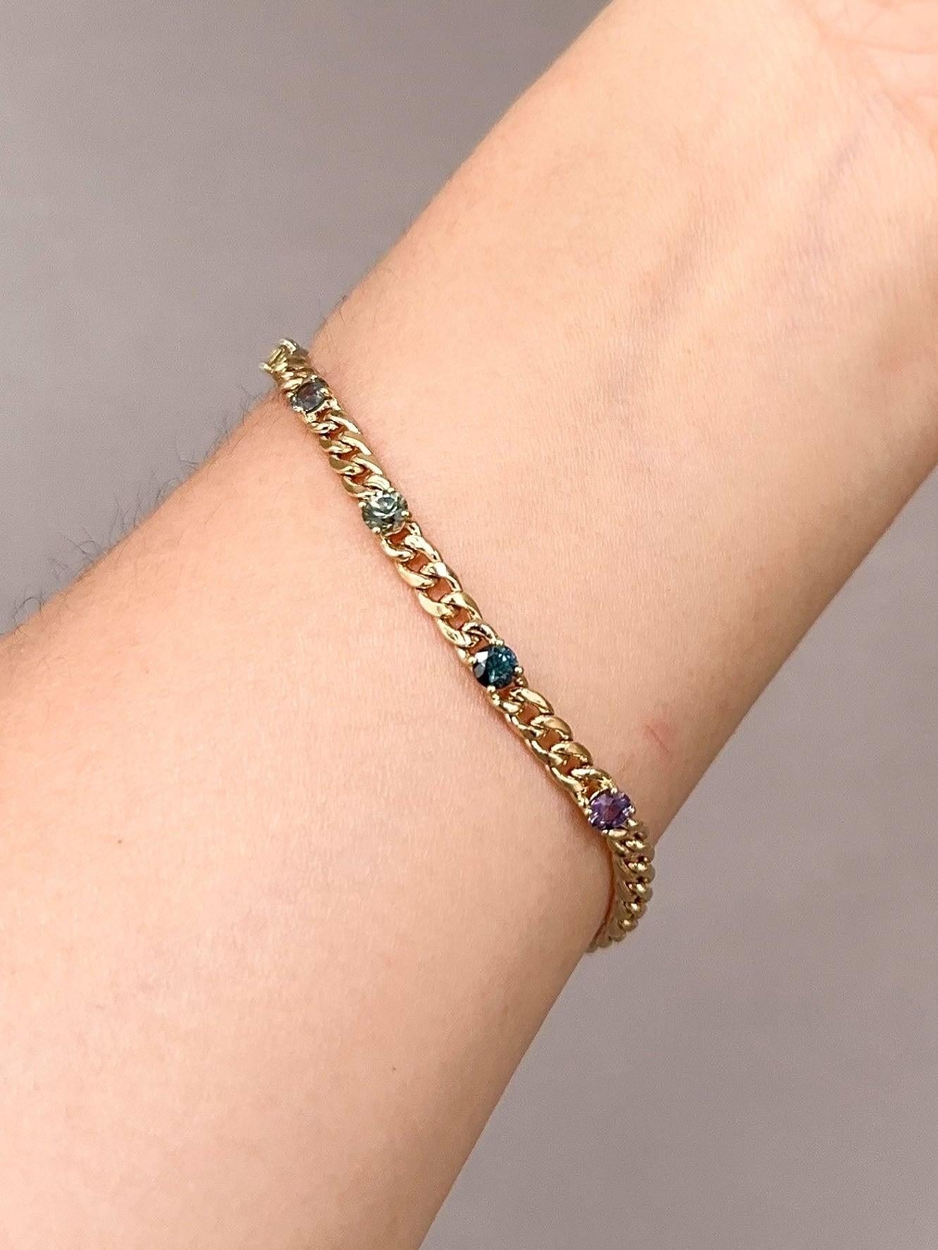 Bracelet saphir arc-en-ciel naturel or 14K sur chaîne cubaine Miami R2103 en vente 3