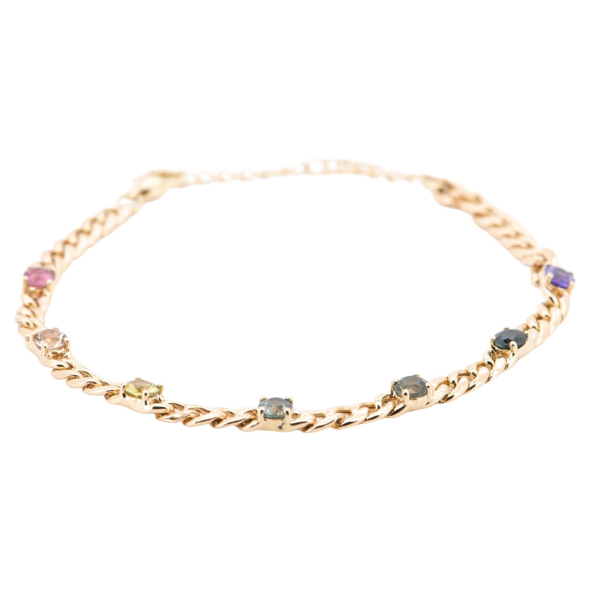 Bracelet saphir arc-en-ciel naturel or 14K sur chaîne cubaine Miami R2103 en vente