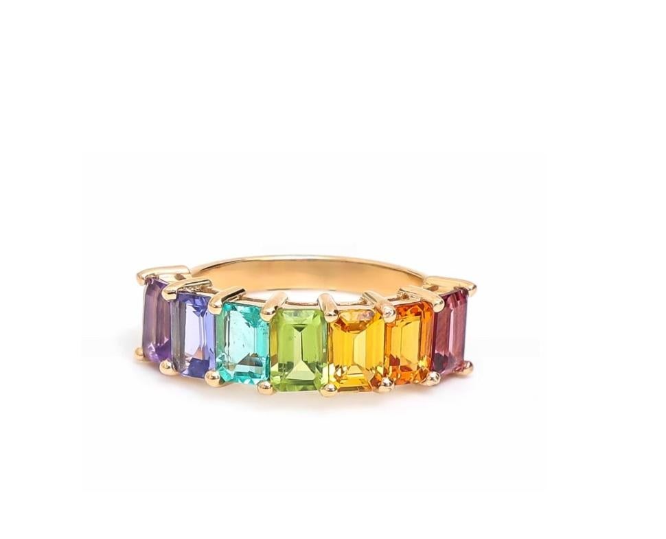Taille Asscher Demi-bague en saphir arc-en-ciel naturel taillé en or 14k en vente