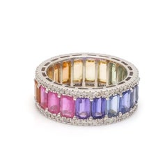 Natural 8.19 cts rainbow sapphire & 0.59 cts diamond band ring in 18k gold