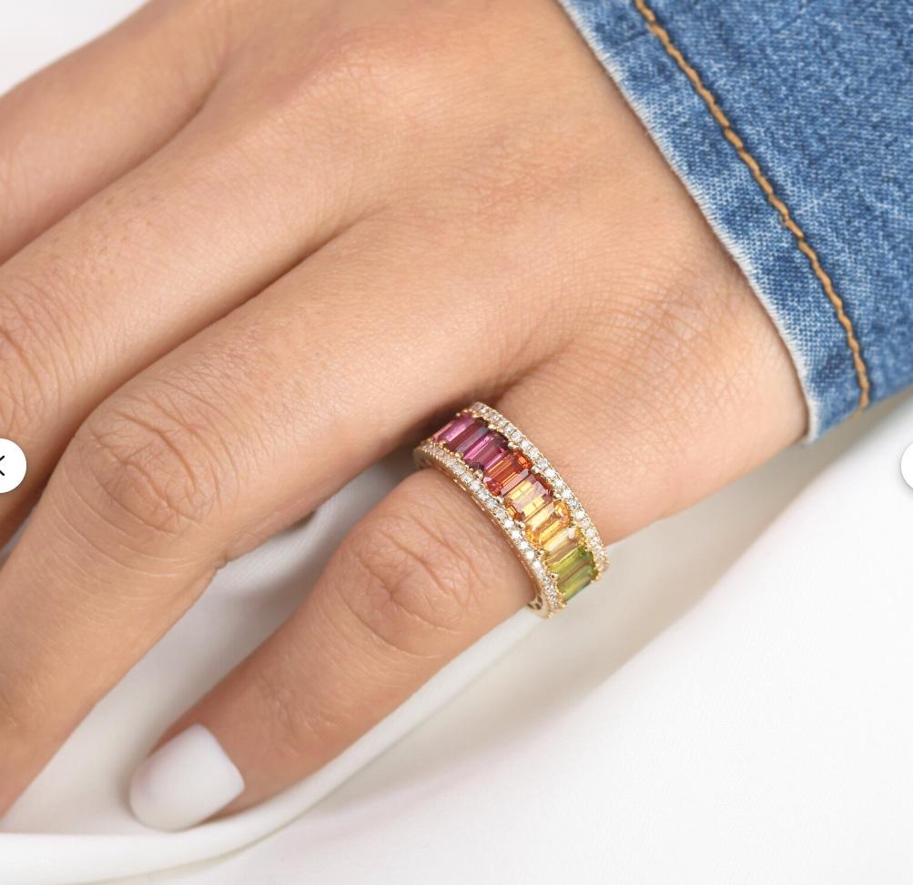 Natural Rainbow Sapphire & Diamond Eternity Band Octagon cut

STONE DETAILS :
✦ Stone: Rainbow Sapphire
✦ Stone Type : Natural
✦Ring Width : 7.7 mm
✦Ring Height : 2.50 mm
✦ Stone Size : 5x3mm
✦ Stone Shape : Octagon cut/Emerald cut
✦ Number of