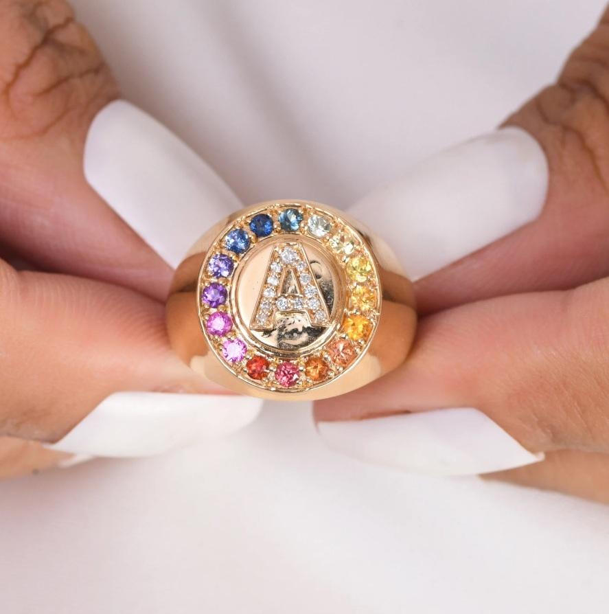 Rainbow sapphire personalised name letter signet ring gold  Natural sapphire diamond initial letter signet pinky ring  Rainbow ring gold

GEMSTONE DETAILS :
✦ Gemstone : Rainbow Sapphire
✦ Gemstone Type : Natural
✦ Gemstone Size : 2 MM
✦ Gemstone