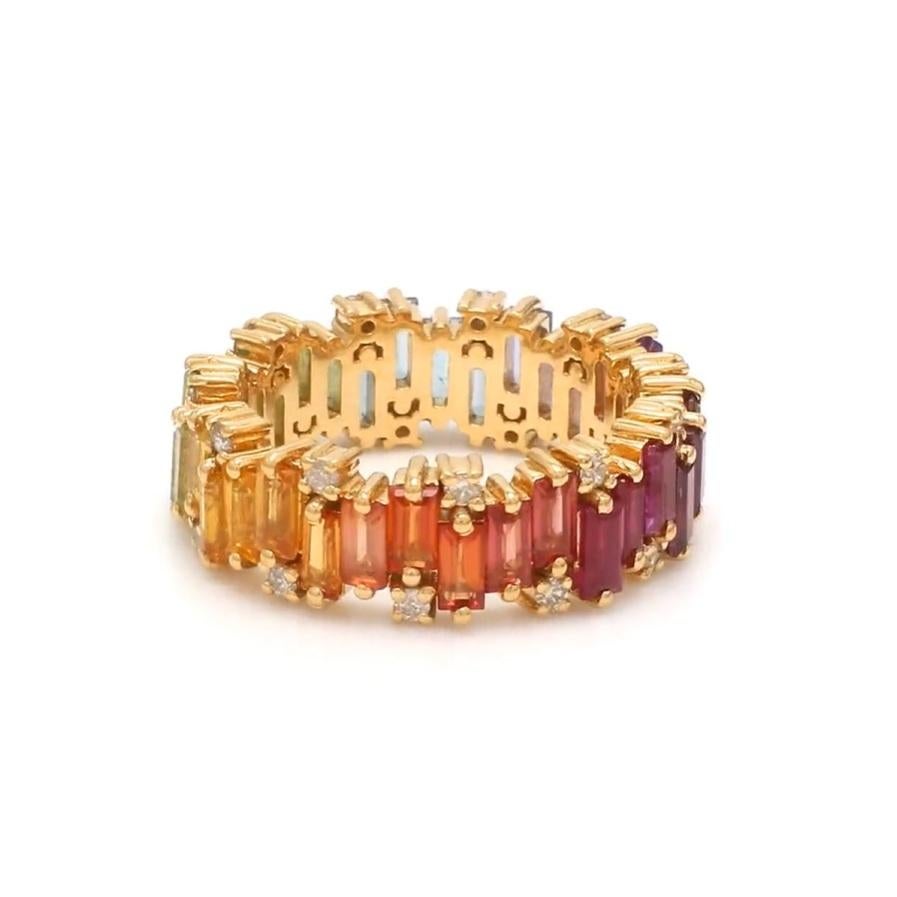 Donna Anello a zig zag con zaffiro arcobaleno naturale e diamante in oro 14k in vendita