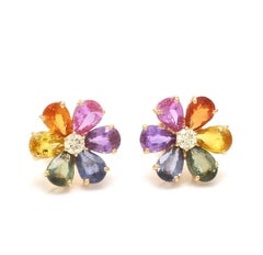 Natural 5.15cts Rainbow Sapphire & 0.12cts Diamond Earrings in 14k Gold