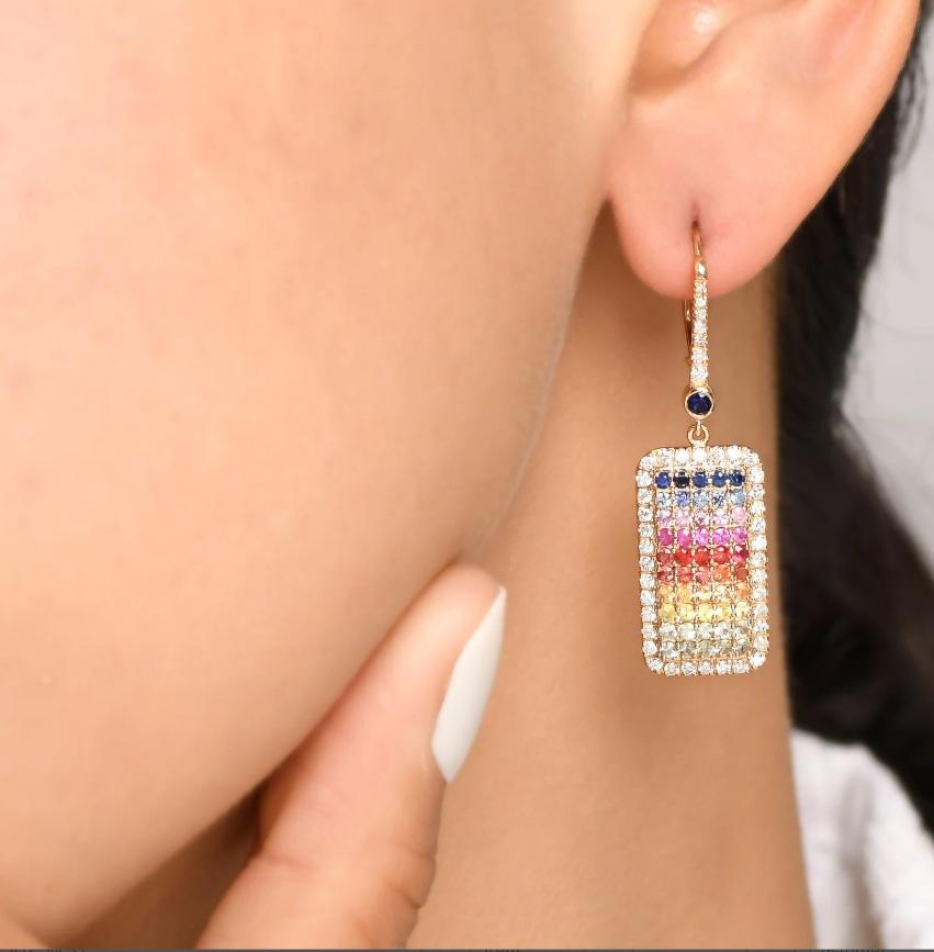 Rainbow sapphire dog tag earrings gold  Natural rainbow sapphire pave diamond dangling earrings gold  Round rainbow sapphire earrings gold

EARRING DETAILS :
✦ Earring type : Dangle Earrings
✦ Earring length : 40 MM
✦ Earring closure : Hoops lock
✦