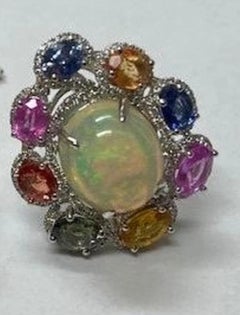 Natural Rainbow sapphire, Opal & Diamond Earring in 18k Gold