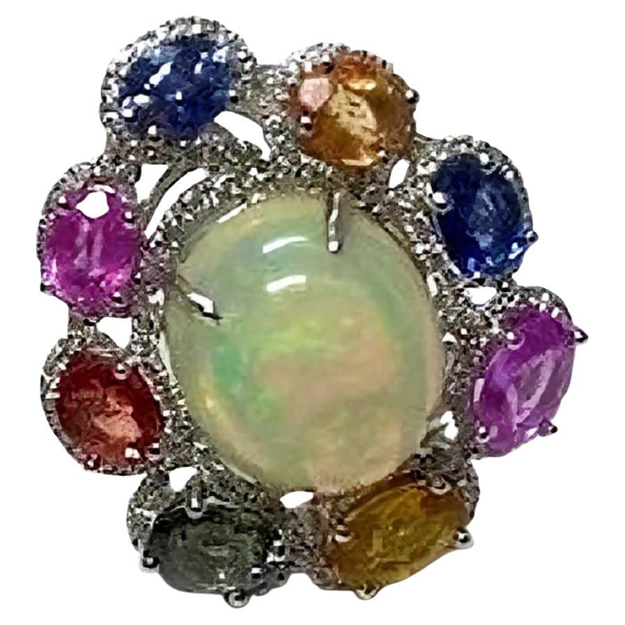 Natural Rainbow sapphire, Opal & Diamond Earring in 18k Gold For Sale