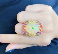 Natural Rainbow sapphire, Opal & Diamond Ring in 18k Gold