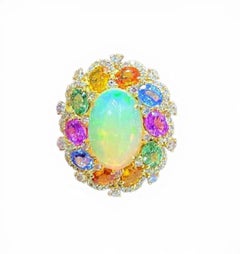 Natural Rainbow sapphire, Opal & Diamond Ring in 18k Gold